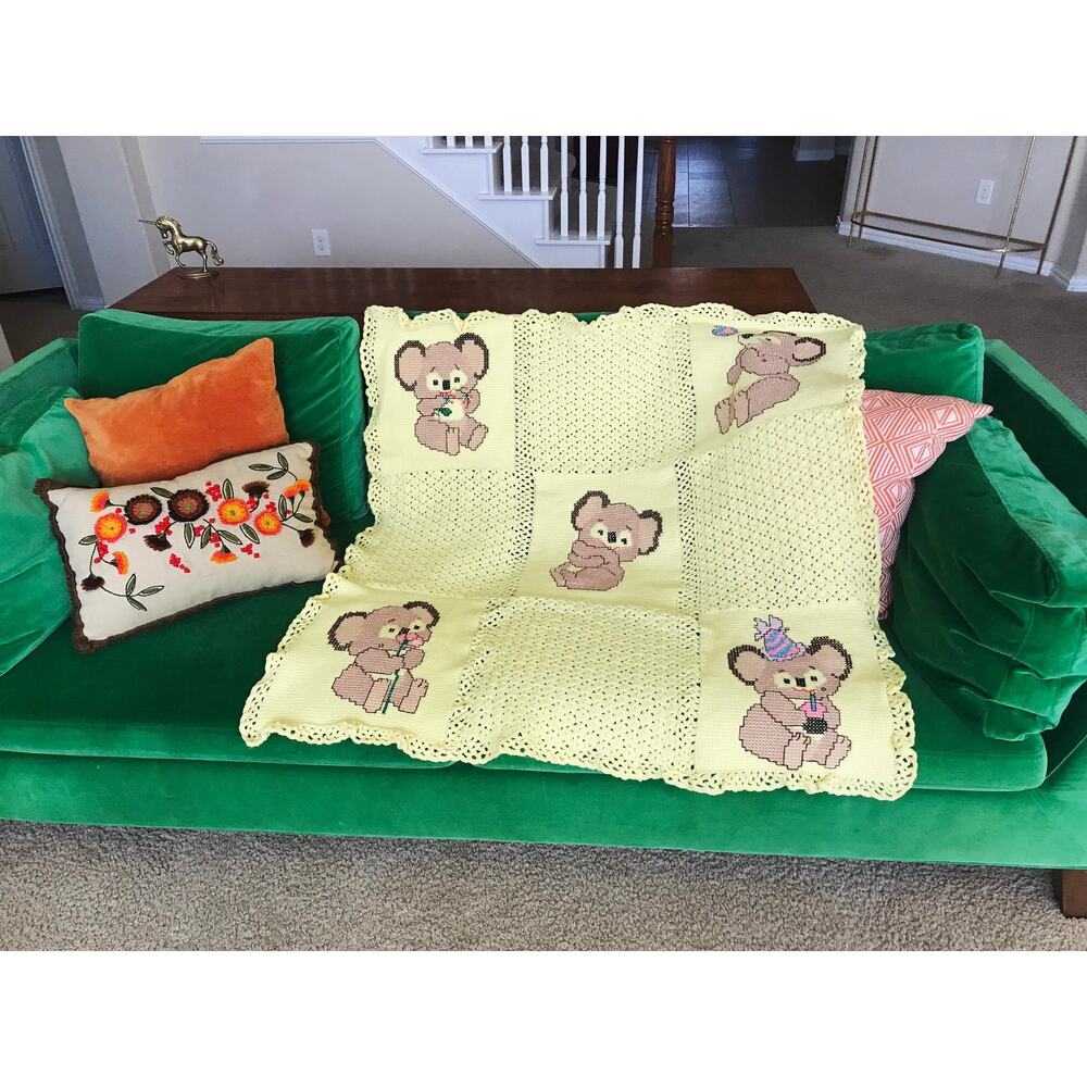 vintage 80s yellow KOALA Print crochet BABY BLANKET toddler blanket nursery